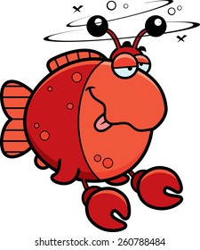 A cartoon illustration of a fish dressed as a crab looking drunk.