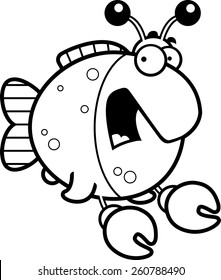 A cartoon illustration of a fish dressed as a crab looking scared.