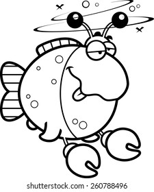 A cartoon illustration of a fish dressed as a crab looking drunk.