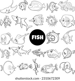 Cartoon illustration of fish marine animal characters big set coloring page