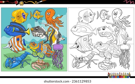 Cartoon illustration of fish and sea life animal characters group coloring page