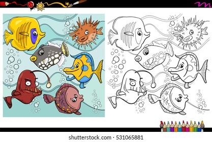 Cartoon Illustration of Fish Sea Life Animal Characters Coloring Book Activity