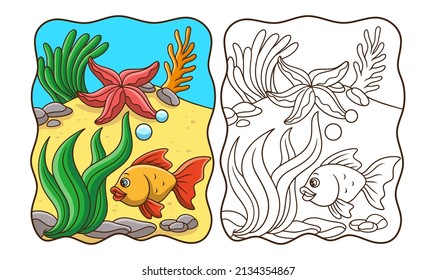 cartoon illustration a fish is swimming with a starfish and some coral reef beside it book or page for kids