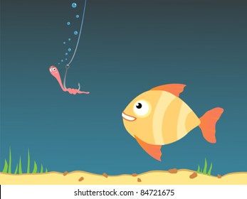 Cartoon illustration of a fish and a worm on a fishing hook. Vector illustration.