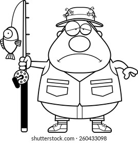 A cartoon illustration of a fisherman looking sad.