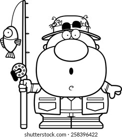 A cartoon illustration of a fisherman with a surprised expression.