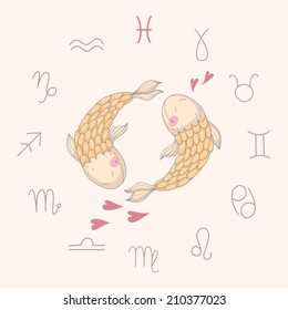 Cartoon illustration of fishes (Pisces). Part of the set with horoscope zodiac signs. EPS 10. No transparency. No gradients.