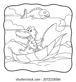 cartoon illustration fishing crocodile coloring book or page for kids black and white