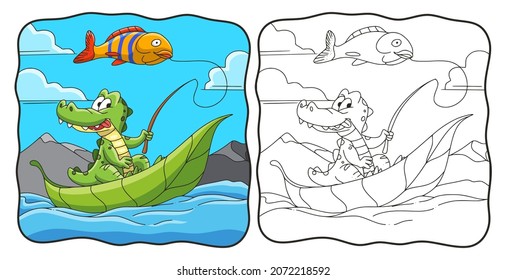 cartoon illustration fishing crocodile coloring book or page for kids