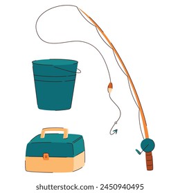 cartoon illustration of fishing set of fishing rod, bucket and tackle box