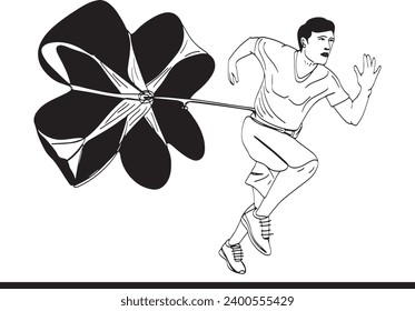 Cartoon illustration of a fit athletic mature runner with parachute, Soccer player speed testing with parachute illustration, Fit athlete engaged in running parachute exercise outdoors sketch