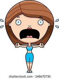 A cartoon illustration of a fitness woman looking scared.