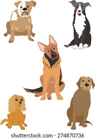 A cartoon illustration of five different dogs,including a bulldog,a collie, a german shepherd,a cocker spaniel,and a brown labrador.