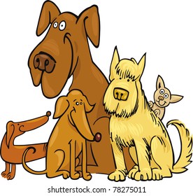 cartoon illustration of five funny dogs