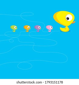 Cartoon illustration of five little colourful ducks in the water.