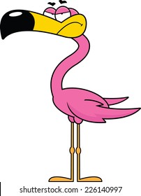 Cartoon illustration of a flamingo with a grumpy expression. 