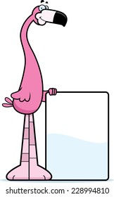 A cartoon illustration of a flamingo with a sign.