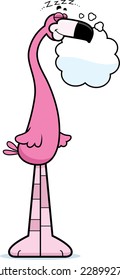 A cartoon illustration of a flamingo sleeping and dreaming.