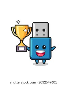 Cartoon Illustration of flash drive usb is happy holding up the golden trophy , cute style design for t shirt, sticker, logo element