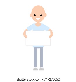 cartoon illustration flat - a bald guy with an empty plate in blue dress