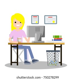 cartoon illustration  flat - blonde girl working in the office at the computer, sitting on a chair at the table