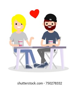 cartoon illustration  flat - a date at the coffee shop - blonde girl and a guy with a beard and hat sitting on chairs at a table with a red heart