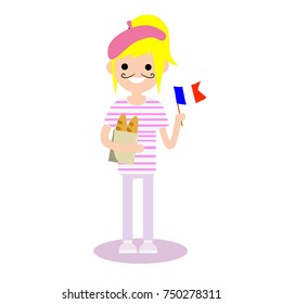 cartoon illustration  flat - girl blonde French woman with flag of France and a French bread baguette