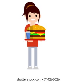 a cartoon illustration  flat -  girl in a red dress with a tray of fast food the big Burger and drink