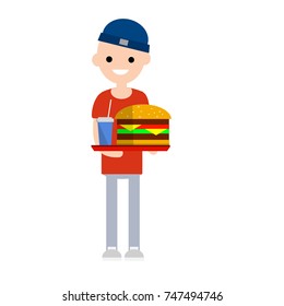 cartoon illustration flat - the guy in the hat and red dress with a tray of fast food with Burger and drink