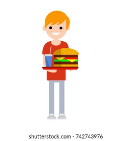 a cartoon illustration flat -  guy red hair in red clothes with a tray with a huge Burger and beverage fast food