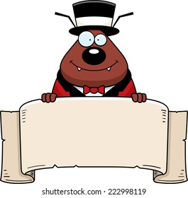 A cartoon illustration of a flea circus ringmaster with a banner.