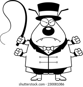 A cartoon illustration of a flea circus ringmaster with an angry expression.