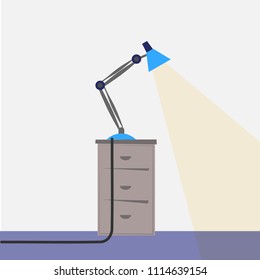 Cartoon illustration of flexible desk lamp on office cabinet with drawers. Isolated object for your design.