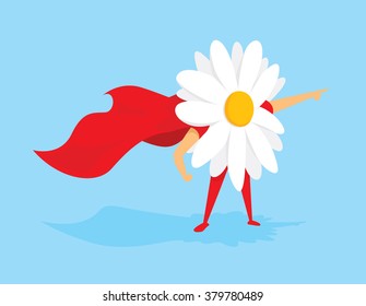 Cartoon illustration of flower power super hero with cape