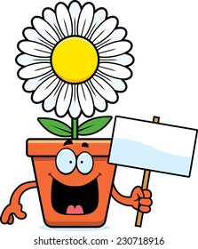 A cartoon illustration of a flowerpot holding a sign.