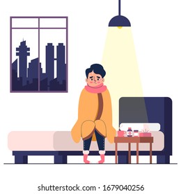 Cartoon illustration Flu man in bedroom