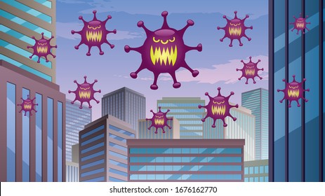 Cartoon illustration with flu viruses floating in the air and spreading around the city.