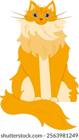 Cartoon illustration of a fluffy ginger cat sitting majestically with captivating blue eyes, long fur, and a bushy tail, exuding charm and elegance