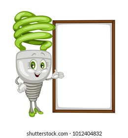Cartoon Illustration of a Fluorescent Light Bulb. Cute Mascot with a  Board for Text