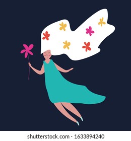 Cartoon illustration of fly faboulous fairy with flowers on dark background