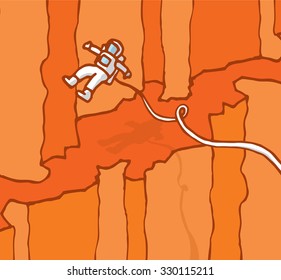 Cartoon illustration of flying astronaut exploring mars surface
