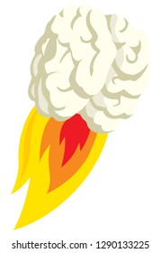 Cartoon illustration of flying brain blasting off in flaming thrust