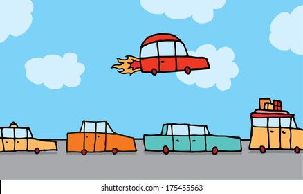 Cartoon Illustration Of A Flying Car Passing Above Other Land Vehicles