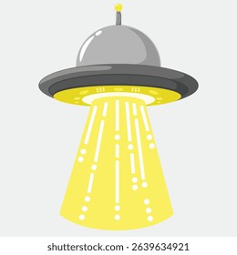 Cartoon illustration of a flying saucer or UFO with a yellow beam