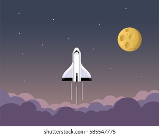 Cartoon illustration of flying spaceship in starry sky. Vector
