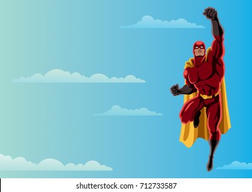 Cartoon illustration of flying superhero over sky background and copy space. 