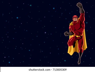 Cartoon illustration of flying superhero over space background and copy space. 