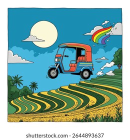 Cartoon illustration of a flying tuk-tuk over rice terraces, with a rainbow, moon, and clouds in the background.