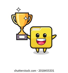 Cartoon Illustration of folder is happy holding up the golden trophy , cute style design for t shirt, sticker, logo element