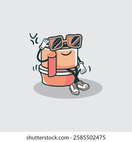 A cartoon illustration of a food container character wearing sunglasses and sitting down, exhibiting a relaxed pose.